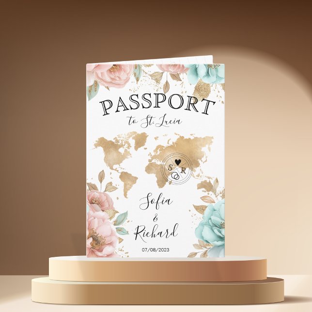 Bröllop Destination Passport World Map St. Lucia Inbjudan (pink and blue peonies)