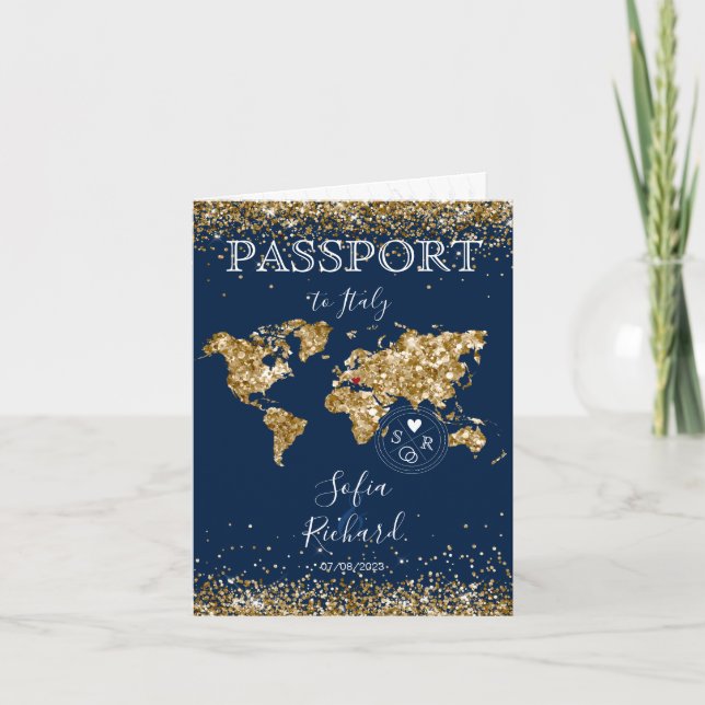Bröllop Destinationskort Passport Guld World Map B Inbjudan (Framsida)