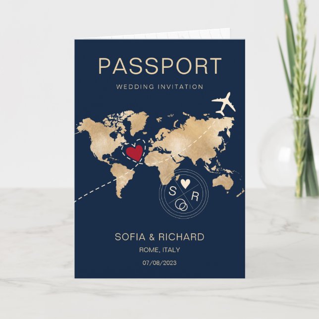 Bröllop Destinationspass Guld World Map Flygplan Inbjudan (Framsida)