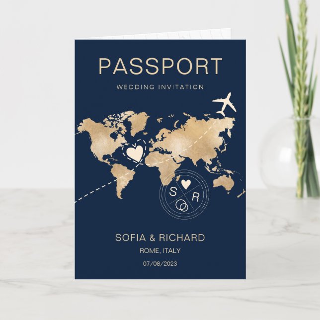 Bröllop Destinationspass Guld World Map Flygplan Inbjudan (Framsida)