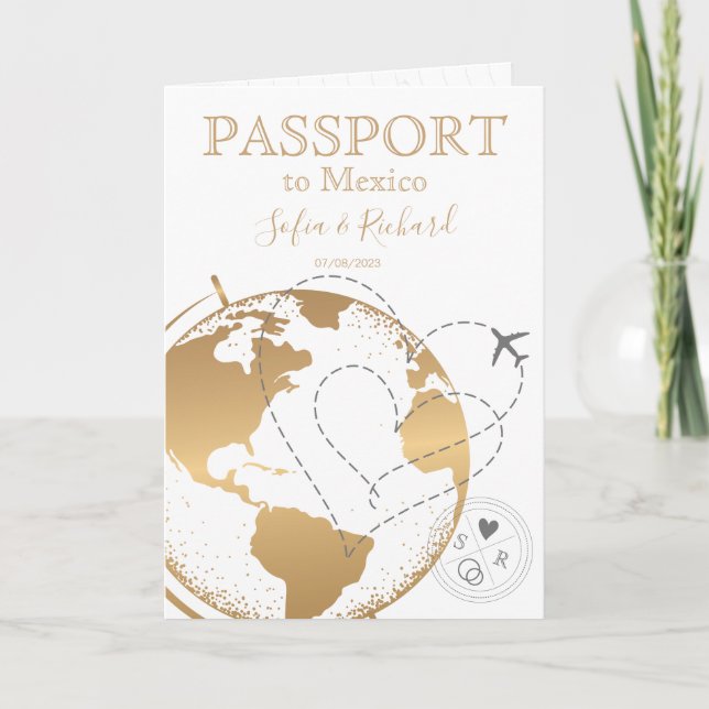 Bröllop Destinationspass Guld World Map Flygplan Inbjudan (Framsida)