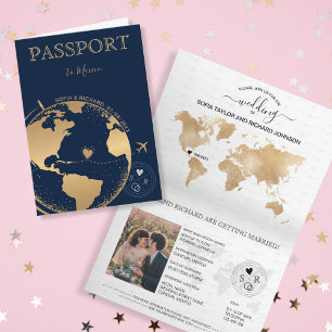 Bröllop Destinationspass Guld World Map Flygplan Inbjudan