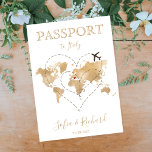 Bröllop Destinationspass Guld World Map Heart Inbjudan<br><div class="desc">Modern och Elegant World Map-inbjudan till Bröllop,  som pass. Två hjärtan och flygplan på den gyllene världskartan</div>