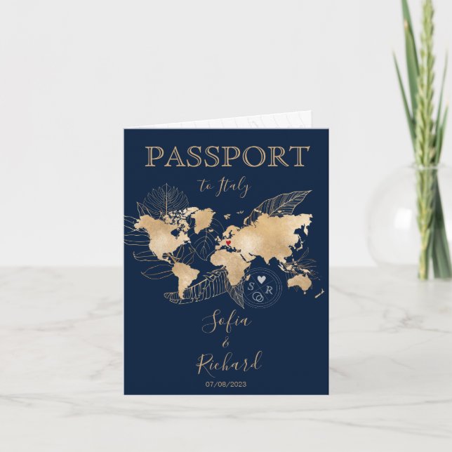 Bröllop Destinationspass Guld World Map Invita Inbjudan (Framsida)