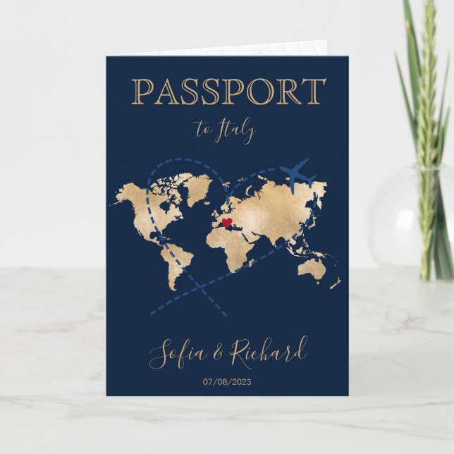 Bröllop Destinationspass Guld World Map Invita Inbjudan (Framsida)