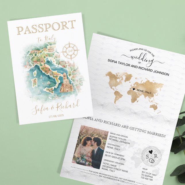 Bröllop Destinationspass Italien Karta Inbjudan (illustrated watercolor italy map)