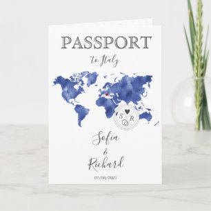 Bröllop Destinationspass med Guld World Map Blue Inbjudan