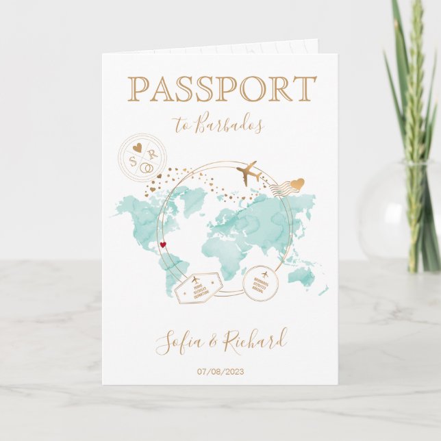 Bröllop Destinationspass World Map Barbados Inbjudan (Framsida)