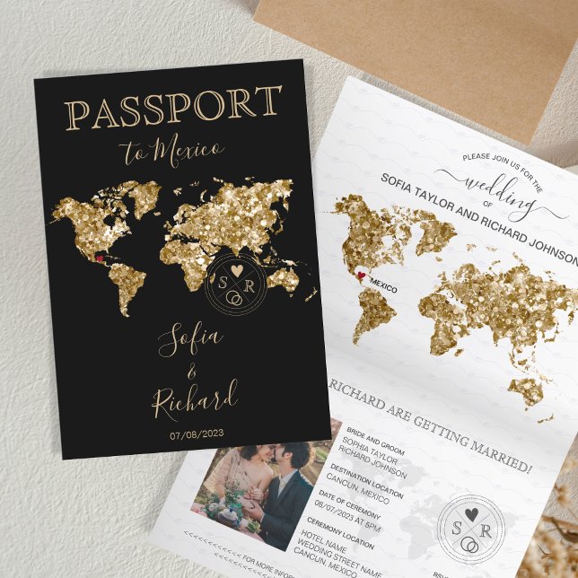 Bröllop Destinationspass World Map Mexico Inbjudan (gold glitter and black passport wedding invitation)