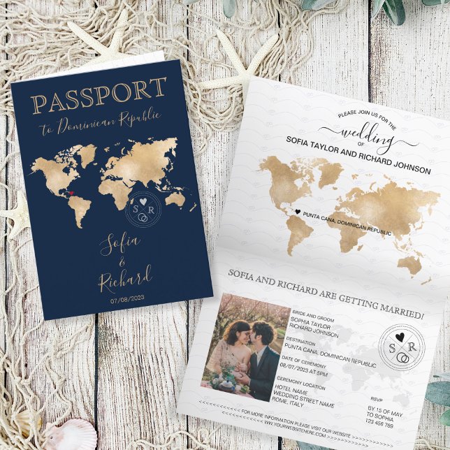 Bröllop Destinationspass World Map Punta Cana Inbjudan (dominican republic passport wedding)