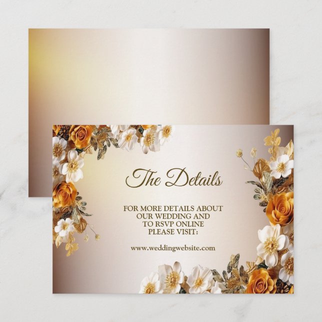 Bröllop Details Golden Orange White Flower Elegant Tilläggskort (Fram/baksida)