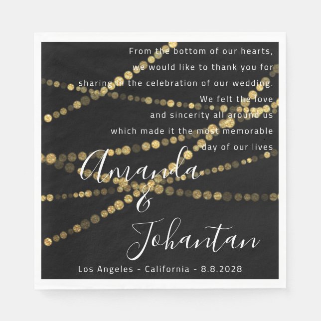 Bröllop Dikt Tack Blommigt Guld Namn Datum svart Pappersservett (Framsidan)