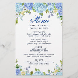Bröllop Dinner Menu Blue Hydrangea Blommigt Greene