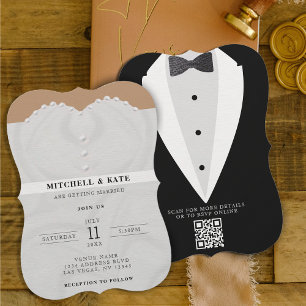 Bröllop Dress Kostym & Bowtie QR-kod Inbjudningar