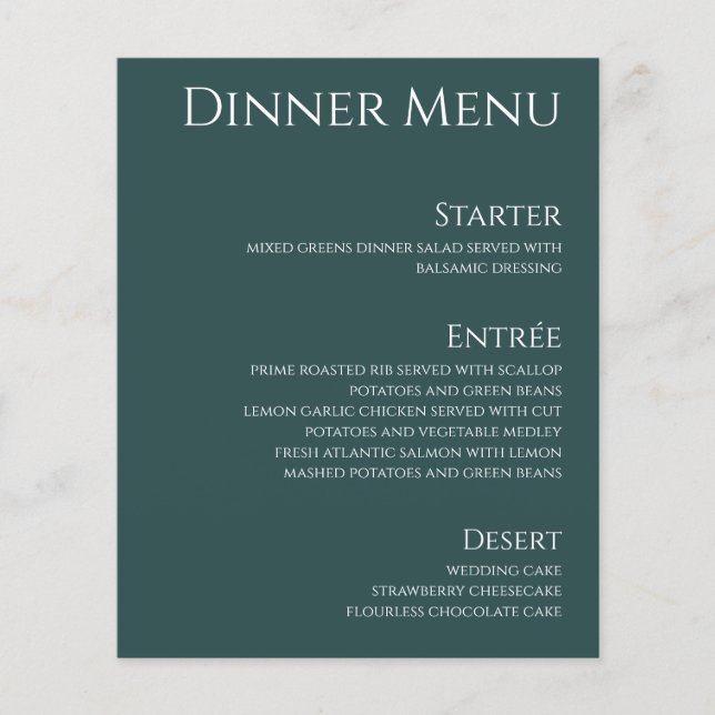 Bröllop Drink & Middag Menu-Emerald Grönt- (Framsida)