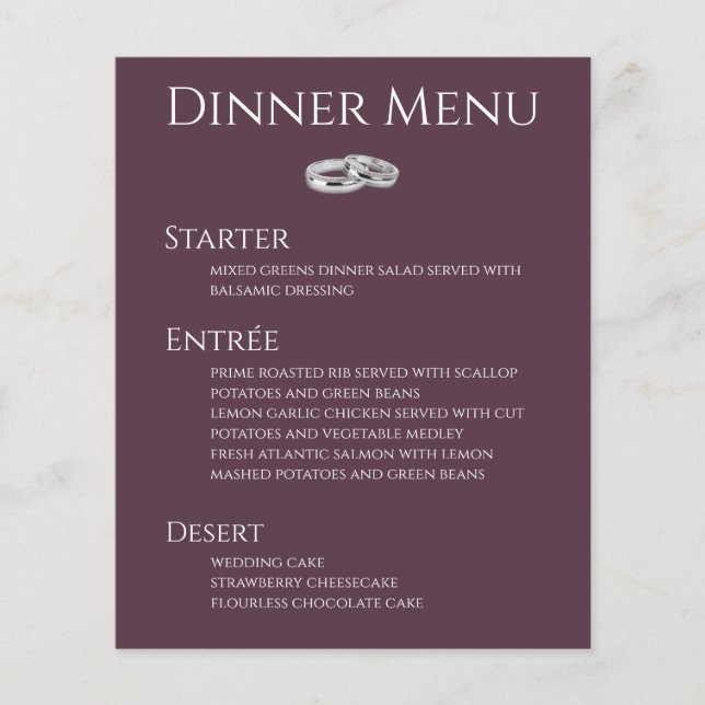 Bröllop Drink & Middag Menu-Vin och White- (Framsida)