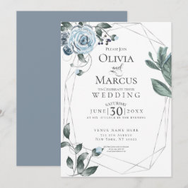 BRÖLLOP | Dusty Blue Blommigt Watercolor Silver Inbjudningar