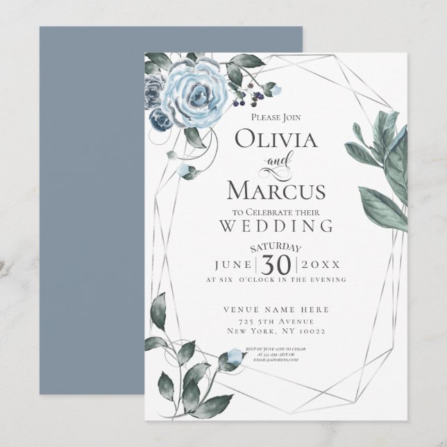 BRÖLLOP | Dusty Blue Blommigt Watercolor Silver Inbjudningar (Fram/baksida)