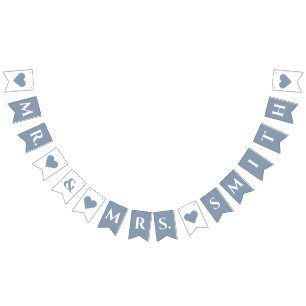 Bröllop Dusty Blue Hjärtan Herr och Fru Kort Efter Vimplar