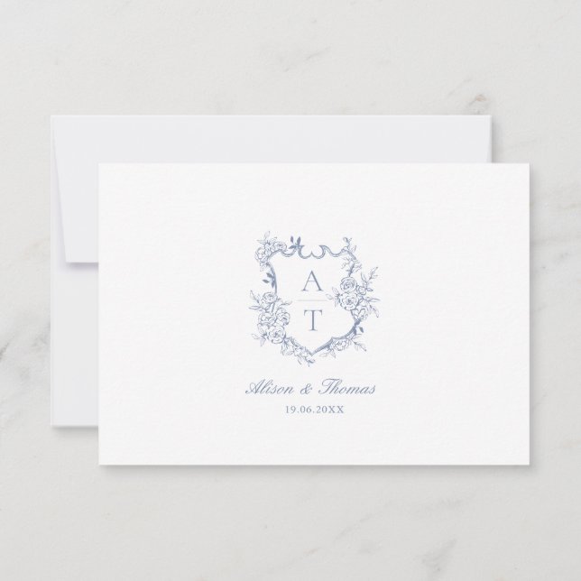 Bröllop Dusty Blue Kammar Monogramdetaljer Kort (Baksida)