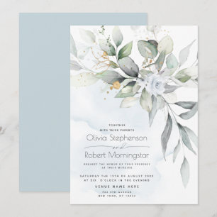 Bröllop Dusty Blue Ro Woodland Greenery Boho Inbjudningar