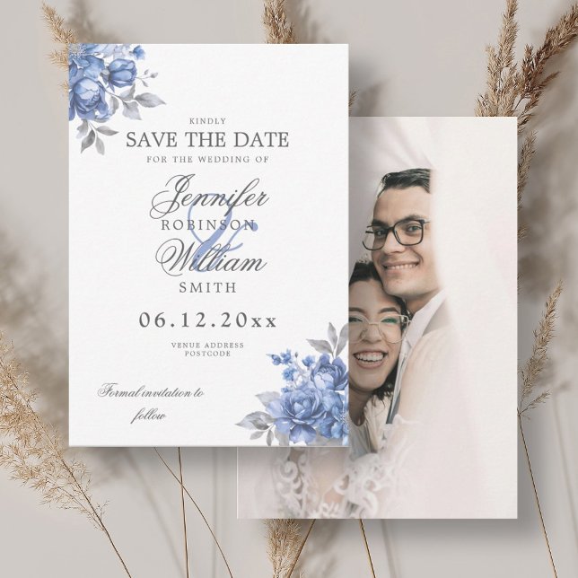 Bröllop Dusty Blue Rustik Blommig Foto Spara Datum Datumet (Wedding Dusty Blue Rustic Floral Photo Save Date Save The Date)
