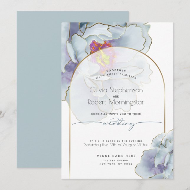 BRÖLLOP | Dusty Blue Tropical Peony Inbjudningar (Fram/baksida)