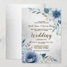 Bröllop Dusty Blue Watercolor Flowers Silver