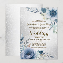 Bröllop Dusty Blue Watercolor Flowers Silver Inbjudningar