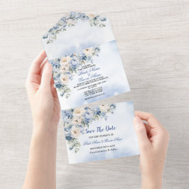 Bröllop Dusty Blue Watercolor Ivory Flowers Löv