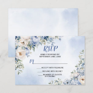 Bröllop Dusty Blue Watercolor Ivory Flowers Löv OSA Kort