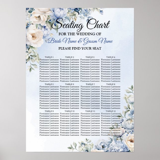Bröllop Dusty Blue Watercolor Ivory Flowers Löv Poster (Framsidan)
