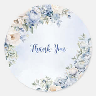 Bröllop Dusty Blue Watercolor Ivory Flowers Löv Runt Klistermärke