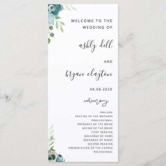 Bröllop Dusty Bule Blommigt Program (Framsida)