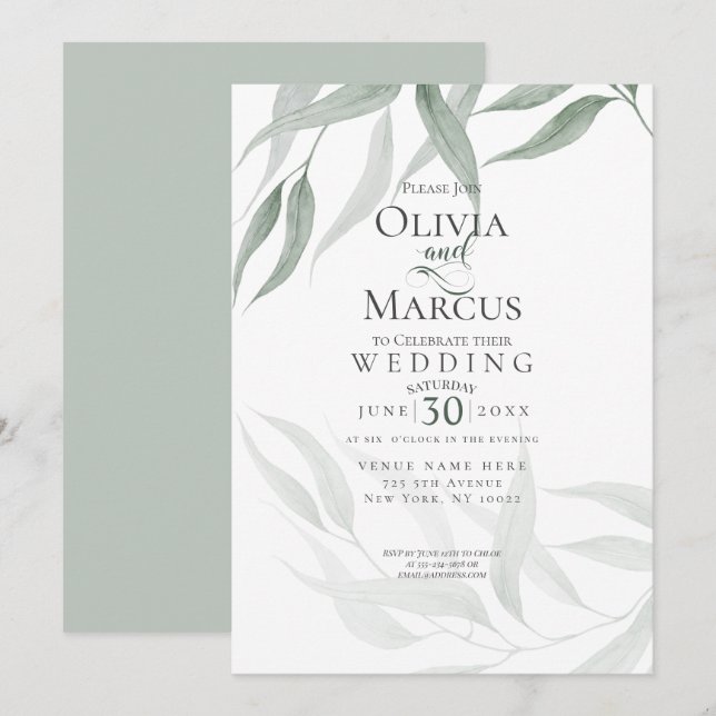 Bröllop | Dusty Grönt Watercolor Woodland Foliage Inbjudningar (Fram/baksida)