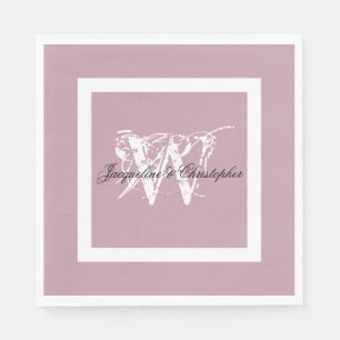 Bröllop Dusty Rosa Elegant Monogram + Namn Papper Pappersservett