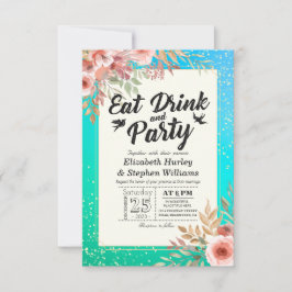 Bröllop EAT Drink and Party Blommigt Teal Guld Dot Inbjudningar
