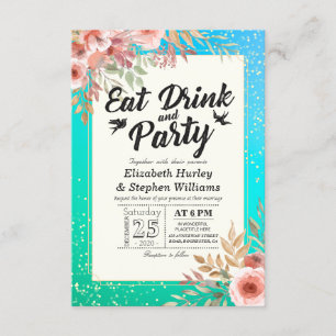 Bröllop EAT Drink and Party Blommigt Teal Guld Dot Inbjudningar