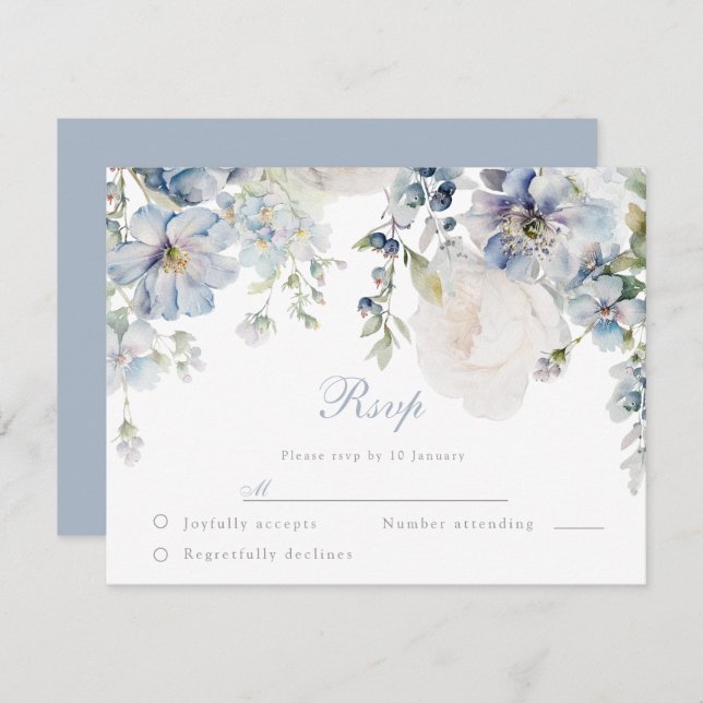 Bröllop Elegance Dusty Blue & White Blommigt Bröll OSA Kort (Fram/baksida)