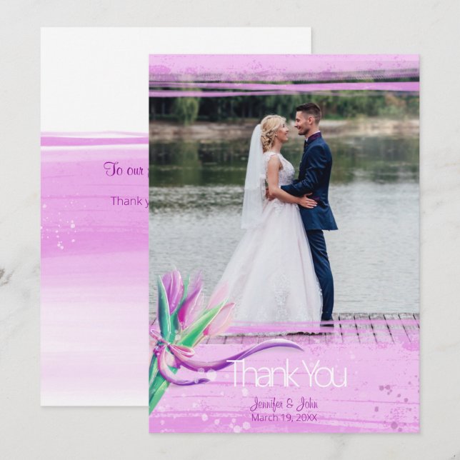 Bröllop elegant blommigt bukett av tulpaner tack kort (Fram/baksida)