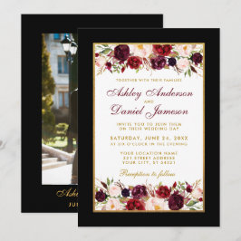 Bröllop Elegant Burgundy Blommigt Photo Black Guld Inbjudningar