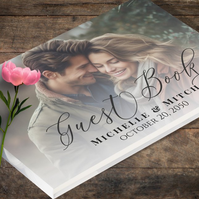 Bröllop Elegant Calligraphy Photo Black and White Gästböcker (Wedding guest book with photo template. )