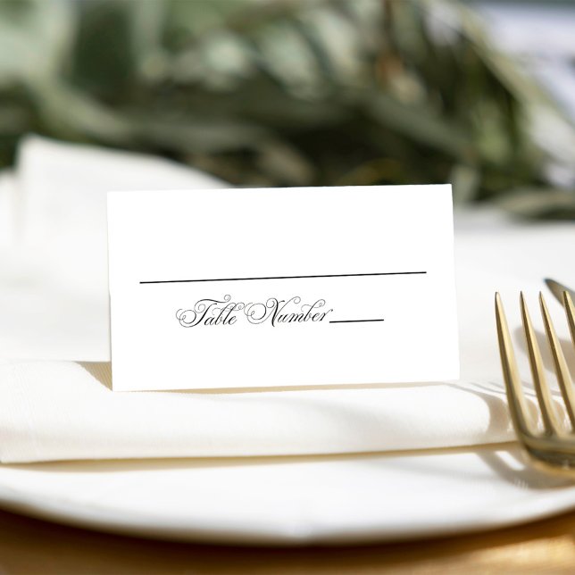 Bröllop Elegant Calligraphy Reception Sitting Placeringskort (Black and white calligraphy script table number card.)
