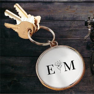 Bröllop Elegant Chic Modern monogram Foliage Rund Silverfärgad Nyckelring