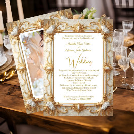 Bröllop Elegant Cream Beige Guld Photo Inbjudningar