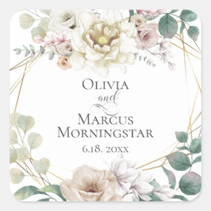 Bröllop Elegant Elfenbenskusten Magnolias Peonies Fyrkantigt Klistermärke
