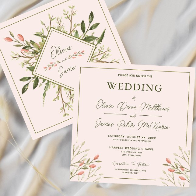 Bröllop Elegant Forest Löv Soft Rosa Inbjudningar (Wedding Elegant Forest Leaves Soft Pink Invitation)