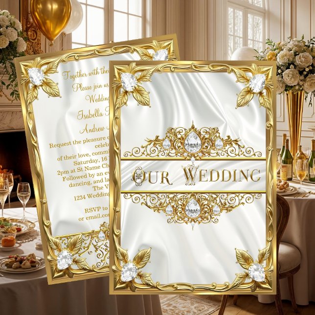 Bröllop Elegant Guld Silke Vita Diamanter Ädelsten Inbjudningar (Skapare uppladdad)