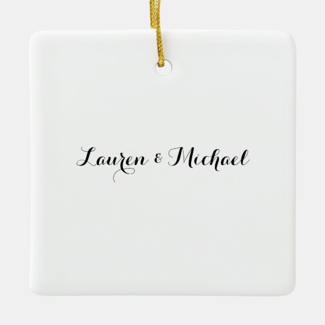 Bröllop Elegant minimalistisk kalligrafi svart vit Julgransprydnad Keramik (Framsida)