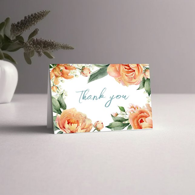 Bröllop Elegant Peach-Blommigt Tack Kort (Peach floral thank you card. )